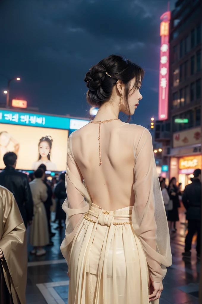 (((best quality))),(((ultra detailed))),(((masterpiece))),illustration,((1 beautiful girl,solo,korean princess)),((see through gorgeous beige sheer hanbok)),((slim,thin)),((bare back,gigantic hips,briefs, butt crack)),bun hair,((city streets,night scene)),delicate features,(traditional jewelry,earrings,necklace),modernity,tranquility,vision of beauty,((standing,upper body,from back)),((The background is a tall building filled with neon billboards)),(surrounded by crowded crowds:1.3)