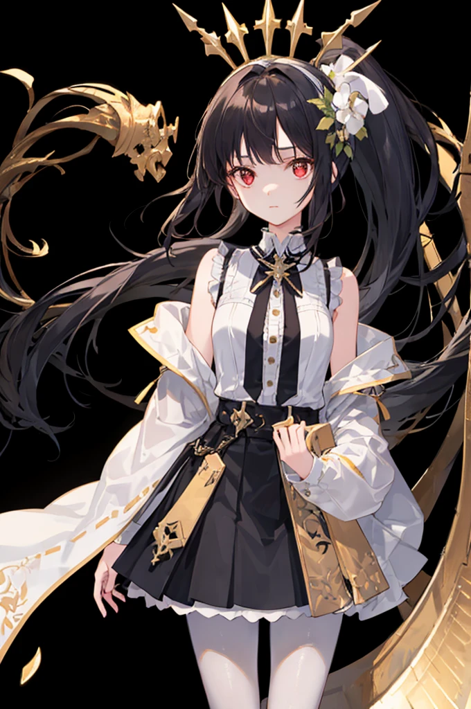 1 girl! Ray tracing, best shadows, high resolution (dim lighting) fluffy black hair, plump and slender girl, high ponytail avoiding red eyes (girl wearing white shirt, black wrinkled skirt, with black transparent pantyhose), showing a delicate slim figure and graceful curves, correctly positioned and reasonable limbs! facial details! Delicate facial features, pay attention to the position details of the legs! Pay attention to hand details! High quality! More eligible! Reduce errors, ultra-detailed CG, more reasonable picture! Delicate finger detailing,conversation room,detailed background,