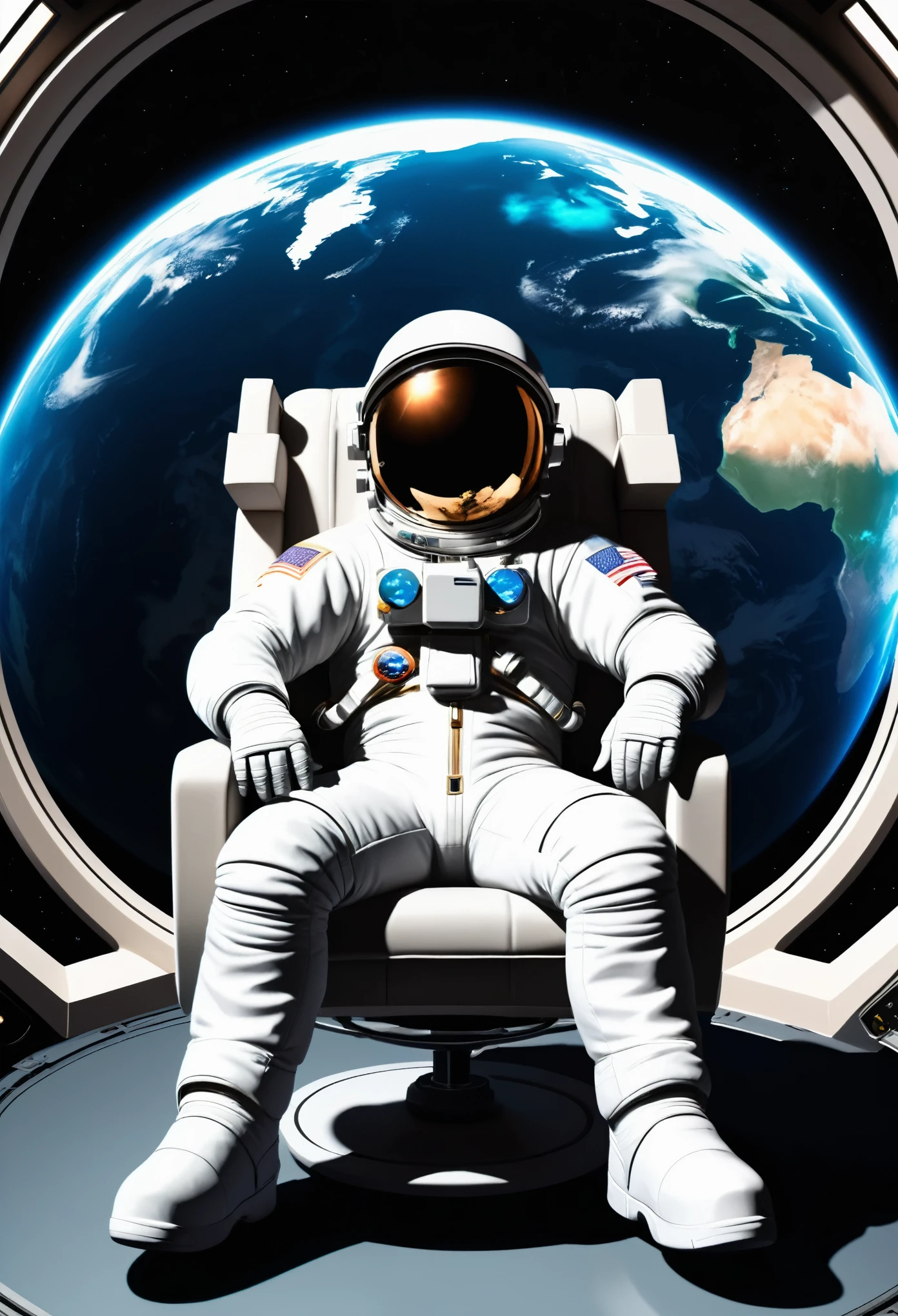 An astronaut sits on the space station and looks at Earth, sitting in an armchair with his legs crossed, in the animated cartoon style, on a black background, wearing a white spacesuit, with planet earth visible behind him, with high resolution, high quality, high detail, highly detailed, high definition, high focus, from a high angle view, with high contrast.