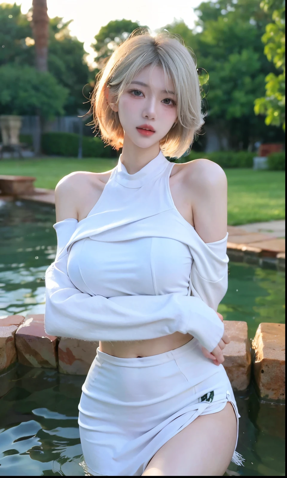 Beautiful woman with perfect figure:1.4,Swimming background,Desert Background,Ultra-high resolution,Seductive laughter,wear glasses,White legs,(lifelike:1.4),Layered Hairstyle,White skin,Black mini pleated skirt,whole body,Very delicate face and skin texture,Double eyelids,Skin Whitening,Long hair,White hair,White,