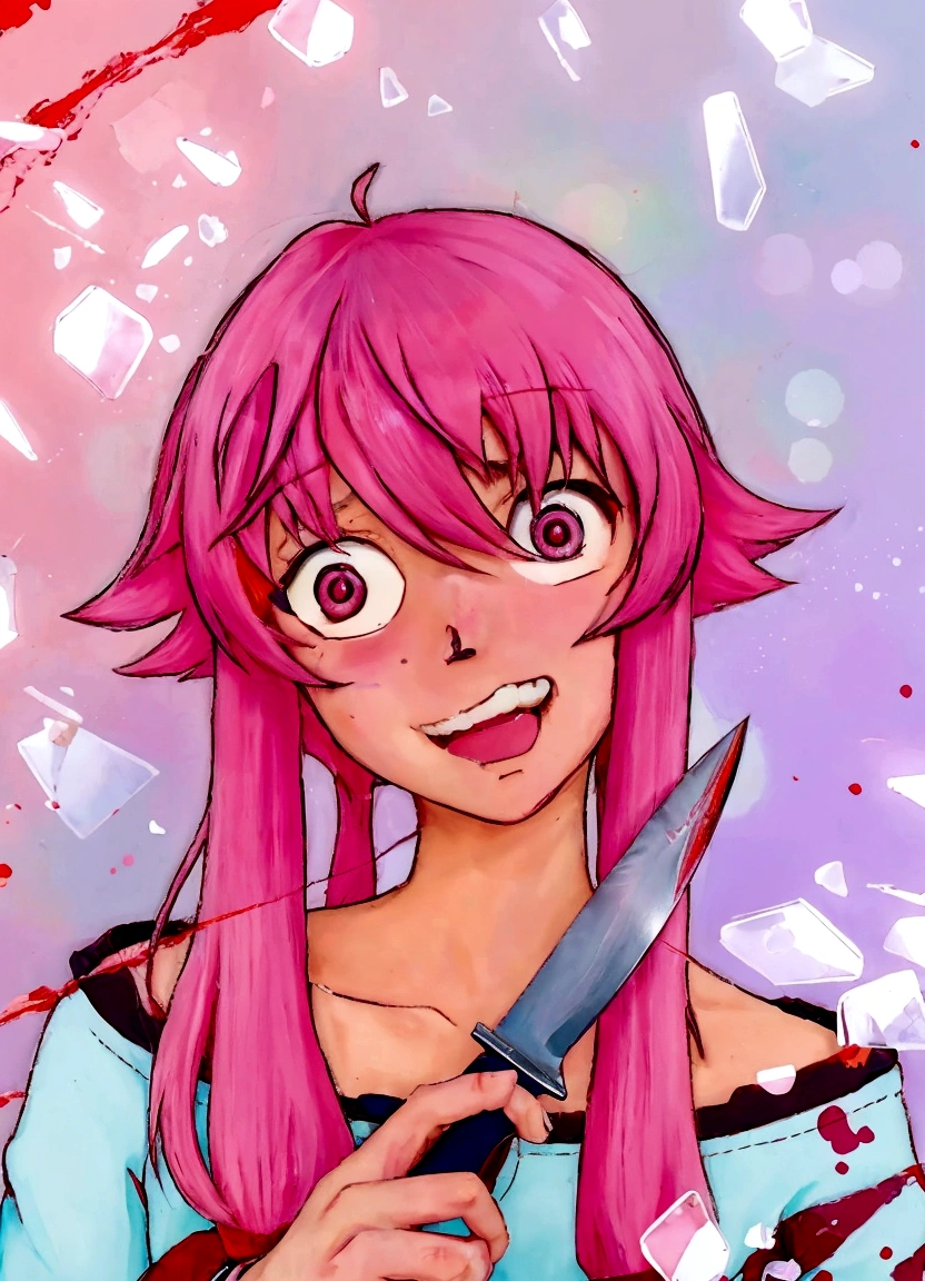 anime girl with pink hair holding a knife in her hand, gapmoe yandere, [[[[grinning evily]]]], in anime style, in an anime style, mirai nikki, anime moe artstyle, with pink hair, trigger anime artstyle, gasai yuno, gasai yuno, by Shingei, anime art style