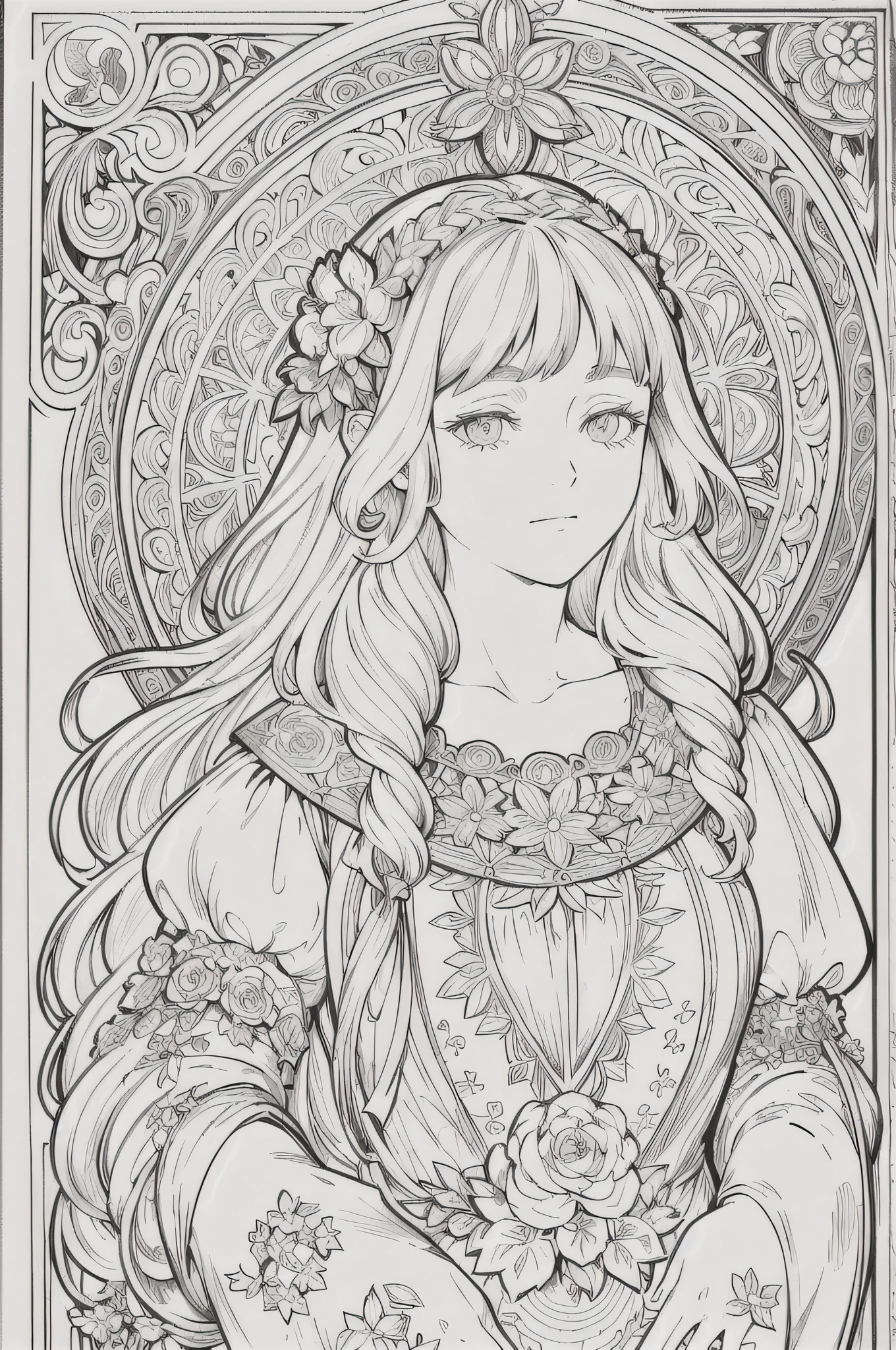 European woman face portrait, Long Curly Hair, blonde, Floral frame, Decorative panel, Abstract Art by Alphonse Mucha, sketch, Character dialogue and scenes without color or shadow.
(masterpiece, Highest quality, High resolution:1.4), detailed, Intricate details, 4K, Splashes of color, Line art, Fibonacci,