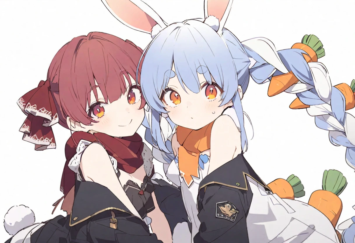 delicate、masterpiece、Highest quality、2 peopleの女の子、2 peopleだけ、2 people、virtual、Aquamarine、cute、(Houshou Marine,cute、Redhead、Twin tails in a high position,Straight Hair、distinct eyes,Distinct eyes、Odd Eye、The left eye is yellow and the right eye is red.,captain uniform、Red belly-baring outfit、A red scarf and a light blue pendant on her chest、Black oversized jacket,White gloves、Haveは無し.)、(Usada Pekora、Used Pekora、cute、Light blue and white hair、Braided twin tails、A carrot is stuck in the braid、Orange and yellow gradient eyes、Cute big eyes、White fluffy cute clothes、Bunny scarf、Black gloves、Fluffy bunny ears、Have.)、White Background、Flat Color、sketch