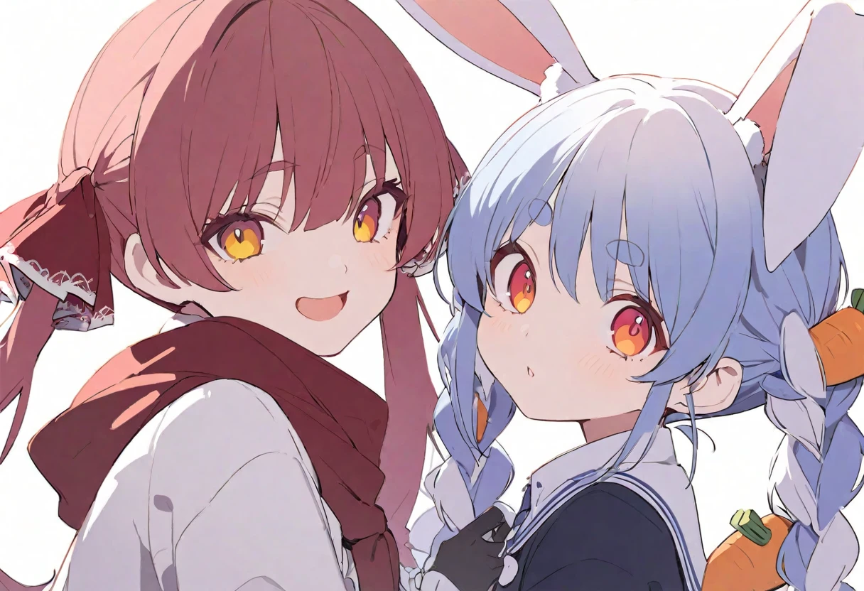 delicate、masterpiece、Highest quality、2 peopleの女の子、2 peopleだけ、2 people、virtual、Aquamarine、cute、(Houshou Marine,cute、Redhead、Twin tails in a high position,Straight Hair、distinct eyes,Distinct eyes、Odd Eye、The left eye is yellow and the right eye is red.,captain uniform、Red belly-baring outfit、A red scarf and a light blue pendant on her chest、Black oversized jacket,White gloves、Haveは無し.)、(Usada Pekora、Used Pekora、cute、Light blue and white hair、Braided twin tails、A carrot is stuck in the braid、Orange and yellow gradient eyes、Cute big eyes、White fluffy cute clothes、Bunny scarf、Black gloves、Fluffy bunny ears、Have.)、White Background、Flat Color、sketch