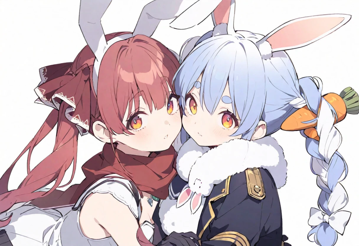 delicate、masterpiece、Highest quality、2 peopleの女の子、2 peopleだけ、2 people、virtual、Aquamarine、cute、(Houshou Marine，cute、Redhead、Twin tails in a high position，Straight Hair、distinct eyes，Distinct eyes、Odd Eye、The left eye is yellow and the right eye is red.，captain uniform、Red belly-baring outfit、A red scarf and a light blue pendant on her chest、Black oversized jacket,White gloves、Haveは無し.)、(Usada Pekora、Used Pekora、cute、Light blue and white hair、Braided twin tails、A carrot is stuck in the braid、Orange and yellow gradient eyes、Cute big eyes、White fluffy cute clothes、Bunny scarf、Black gloves、Fluffy bunny ears、Have．)、White Background、Flat Color、sketch