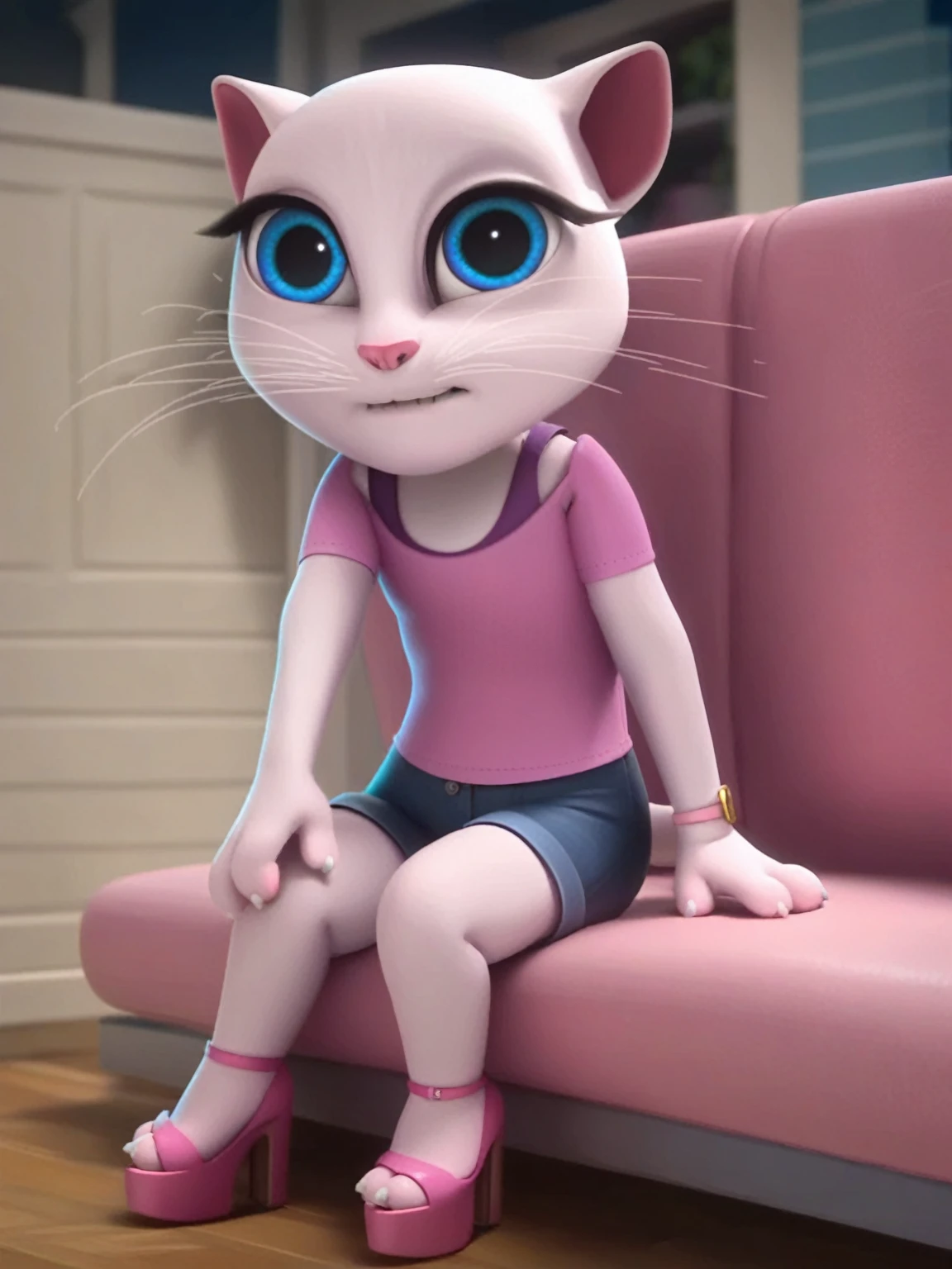 solo focus, a_la, 1girl, cat, white fur, long whiskers on both sides of the face, big bright blue eyes, big black eyelashes, small pink nose, triangular ears with pink channels, small breasts, looking at the viewer, sitting on penis, front view, fuck with legs together, platform high heels, score_9, score_8_up, score_7_up