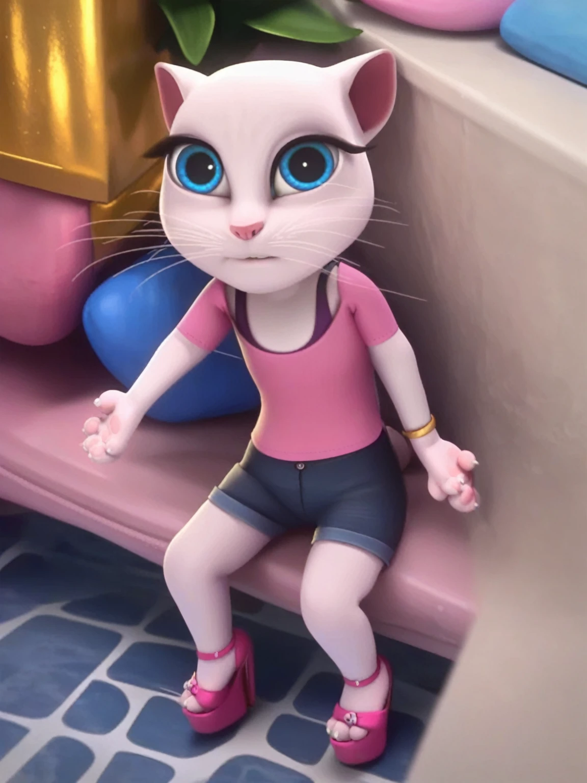 solo focus, a_la, 1girl, cat, white fur, long whiskers on both sides of the face, big bright blue eyes, big black eyelashes, small pink nose, triangular ears with pink channels, small breasts, looking at the viewer, sitting on penis, front view, fuck with legs together, platform high heels, score_9, score_8_up, score_7_up