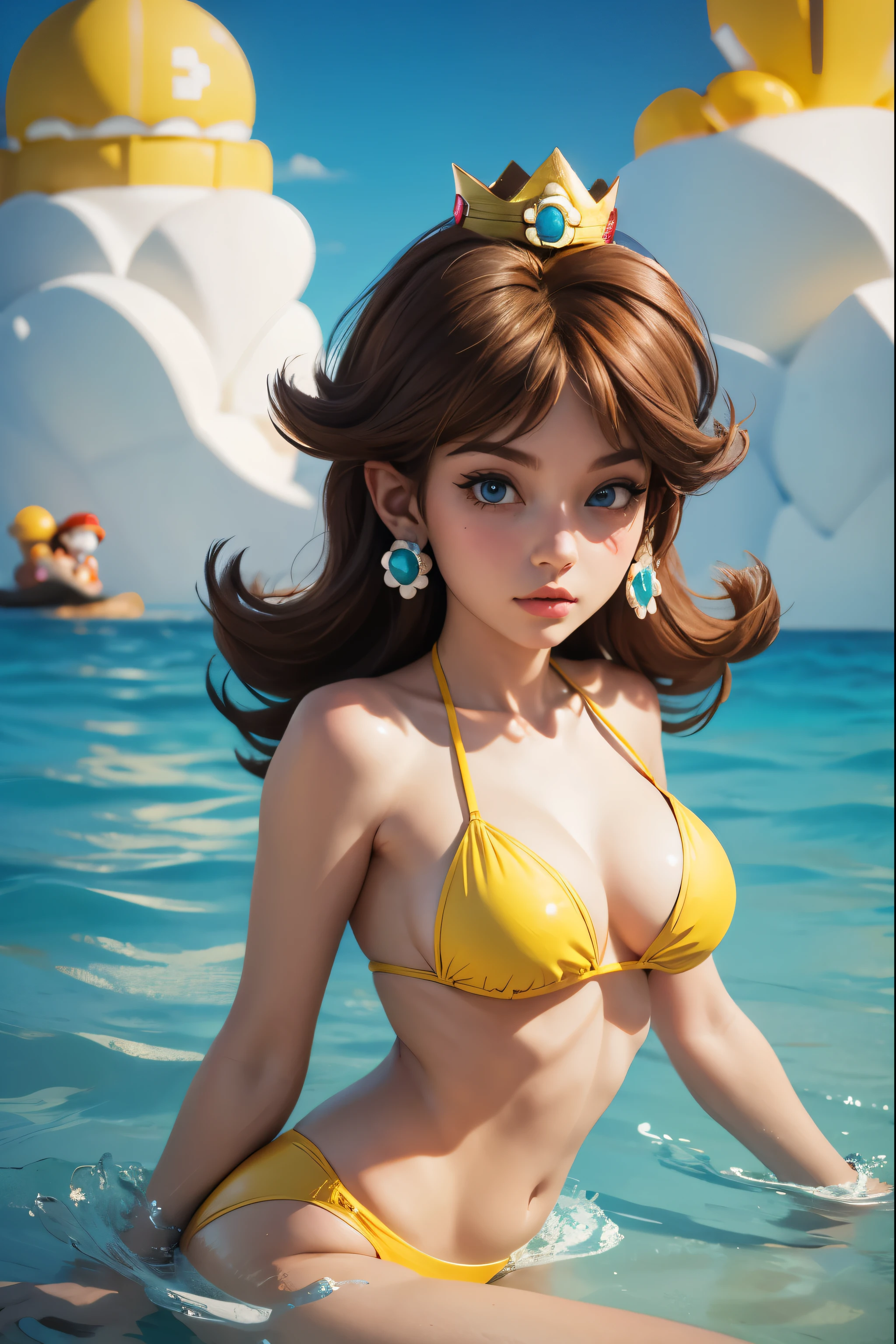 Woman, Brown Hair, Blue Eyes, Yellow Bikini, golden crown, Beach, Mario in the Water