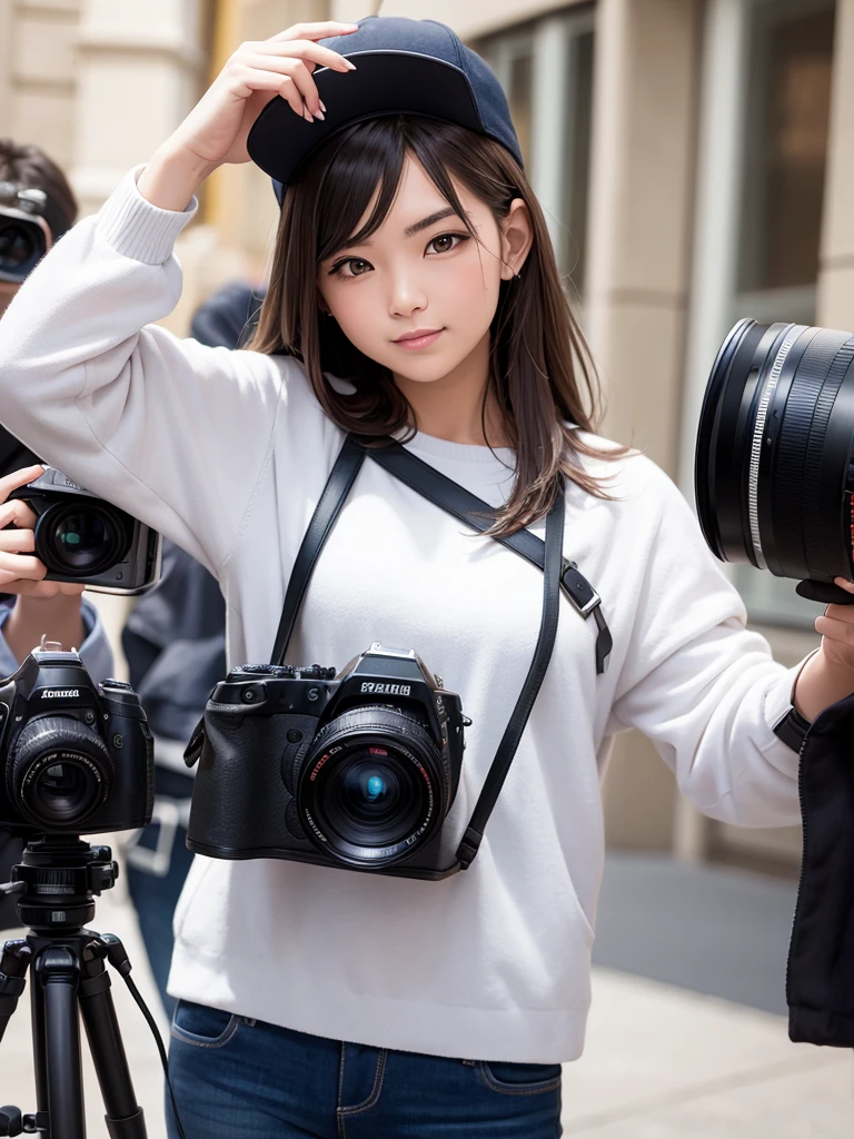 A photographer guy takes a picture of a model