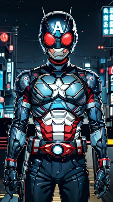 (8k),(masterpiece),(Japanese),(8-year-old boy),((innocent look)),((Childish)),From the front,smile,cute,Innocent,Kind eyes,Flat chest, blue helmet,blue domino mask, Captain America, short,Black Hair,Strong wind,night,dark, Neon light cyberpunk city,Kamen rider,camisa