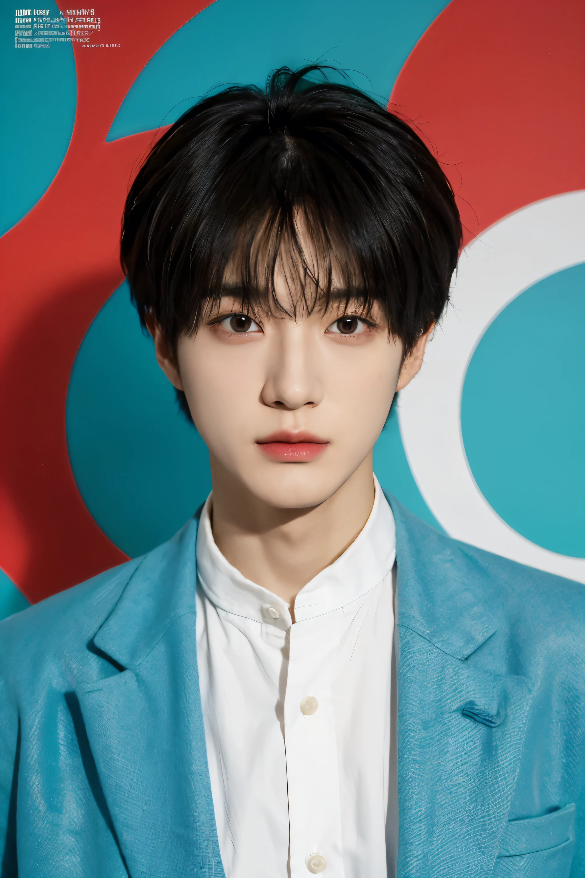 Full colorful background and backdrop,protrait focus,for ads,professional pose for magazine photo,Handsome korean male,Center-parted hairstyle,a cassock,worship,short male hair,bangs hair,centre the down hair, Delicate androgynous prince, Beautiful androgynous prince, korean artist, with same hairstyle,dressea new fashion colorful short suit blazer t-shirt,