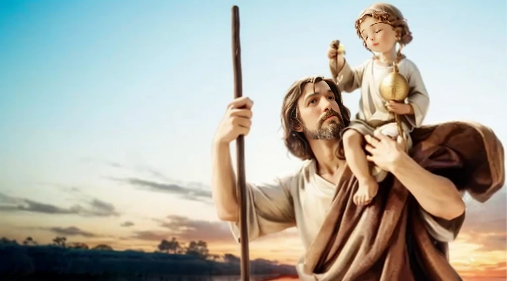Create an ultra-realistic image of Saint Christopher, represented as a tall, strong man with a dark beard and long hair. He must be crossing a shallow river, holding a large wooden staff in one hand and carrying the baby Jesus on his shoulders. Saint Christopher must be dressed in a simple tunic, brown or beige, which appears heavy and wet from the river. The baby Jesus must be represented as a small, serene , with light hair and a calm expression, wearing a white robe. The scene should be at dawn or dusk, with soft, natural light, and the background should include a natural setting with trees and a slightly cloudy sky. The image should capture the effort of Saint Christopher when crossing the river and the tranquility of the baby Jesus. The composition should convey a feeling of devotion, strength and protection.