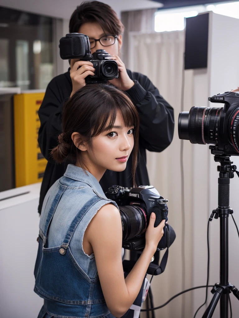 A photographer guy takes a picture of a model