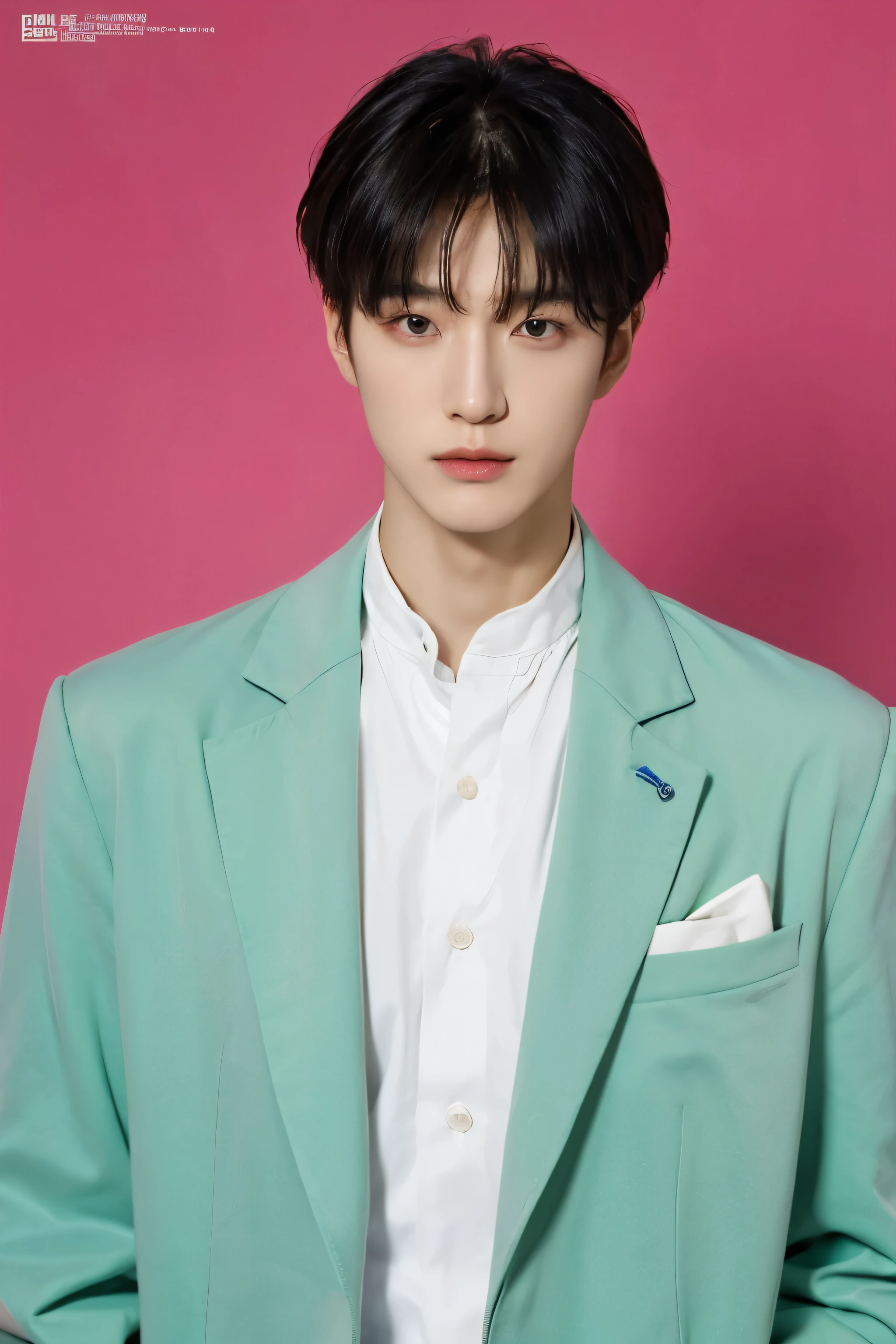 Full colorful background and backdrop,protrait focus,for ads,professional pose for magazine photo,Handsome korean male,Center-parted hairstyle,a cassock,worship,short male hair,bangs hair,centre the down hair, Delicate androgynous prince, Beautiful androgynous prince, korean artist, with same hairstyle,dressea new fashion colorful short suit blazer t-shirt,