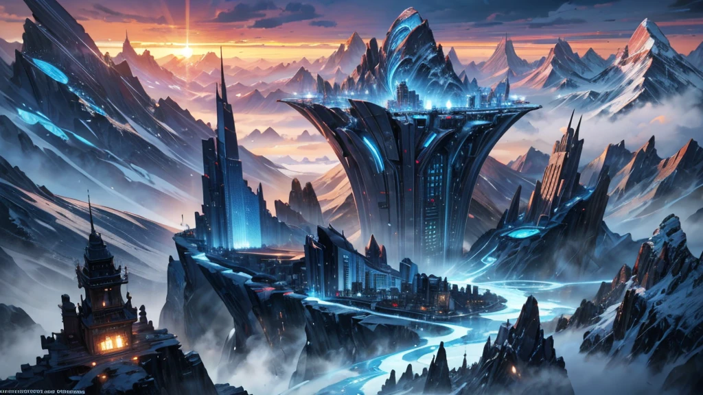 make a futuristic city on top of a mountain. as if it were in DENALI in Alaska. the city must be very advanced and beautiful. make a wallpaper of it in 8k. beautiful, full of life and technology. millennia in the future