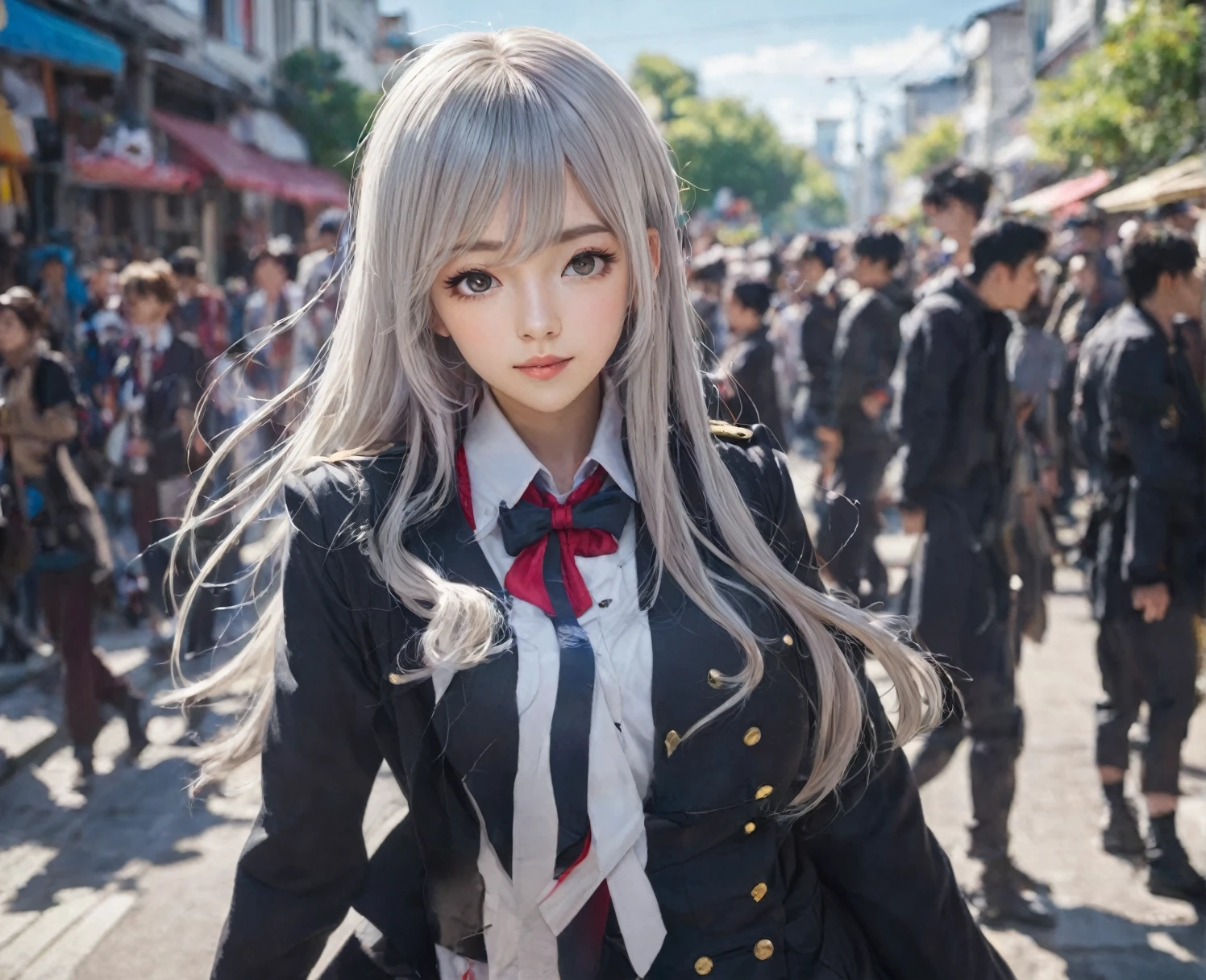 BREAK Perfect Anatomy、(High resolution:1.2)、Incredible illustrations、(Cute illustrations:1.2),(yuri,)(Beautiful background,)(from below,dutch angle) 2gial(((blonde hair,shiny hair,hair intakes:1.8,long hair)(doyagao)(Black coat,ゴシック・ロリータ風Combat Uniform,,garter straps,Eye patch:1.5),(a girl, ,height 1.7meters, 40kg),,17-year-old,flat chest))((gradient grey hair,shiny hair,hair intakes:1.4,long hair:1.5,Dark Skin:1.6)(Black coat,Combat Uniform,,garter straps,Eye patch),(a girl,flat chest,1.5meters, 40kg),,17-year-old,flat chest)) Cosplayer surrounded by people