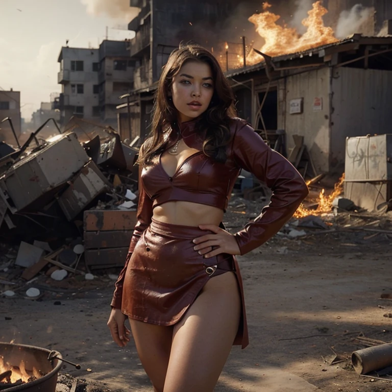 motor irreal:1.4, ultra realista 64K, fotorrealista:1.4, textura de la piel:1.4, obra maestra:1.4, posing behind Beautiful sexy and curvy woman in a Supegirl costume standing in front of a fire apocalyptic city, mostrando vientre plano, red miniskirt, beautiful fine hands,