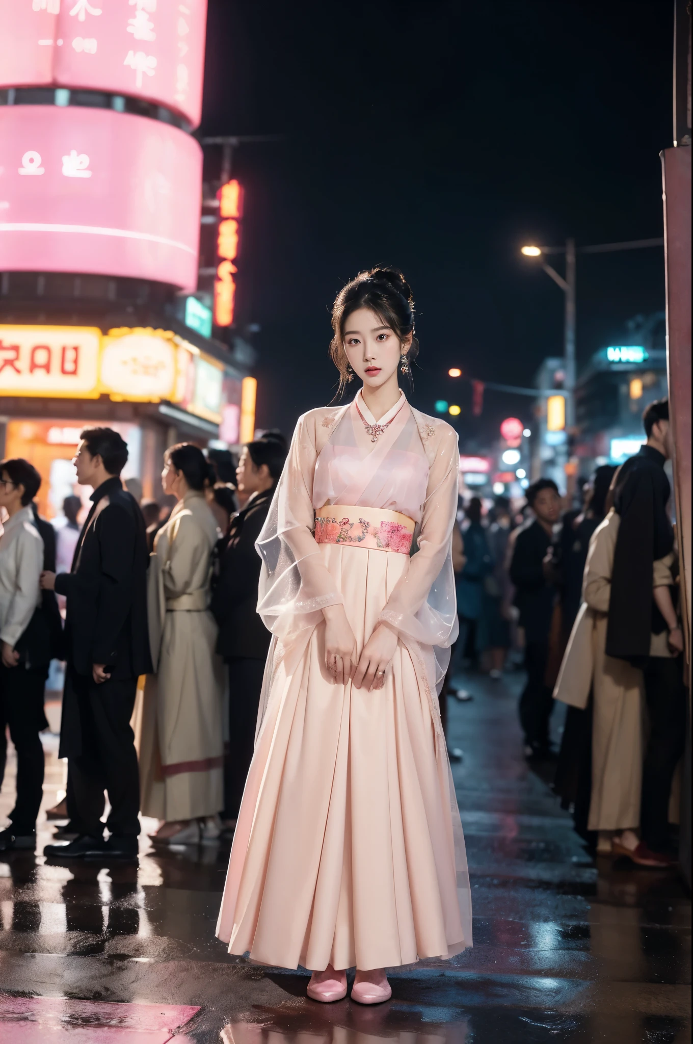 (((best quality))),(((ultra detailed))),(((masterpiece))),illustration,((1 beautiful girl,solo,korean princess)),((see through gorgeous pink sheer hanbok)),((slim,thin,small breasts,flat chest)),bun hair,((city streets,night scene)),delicate features,(traditional jewelry,earrings,necklace),modernity,tranquility,vision of beauty,((standing,full body,from front,slender legs,loafers)),((The background is a tall building filled with neon billboards)),(surrounded by crowded crowds:1.3),(arms behind back:1.3)
