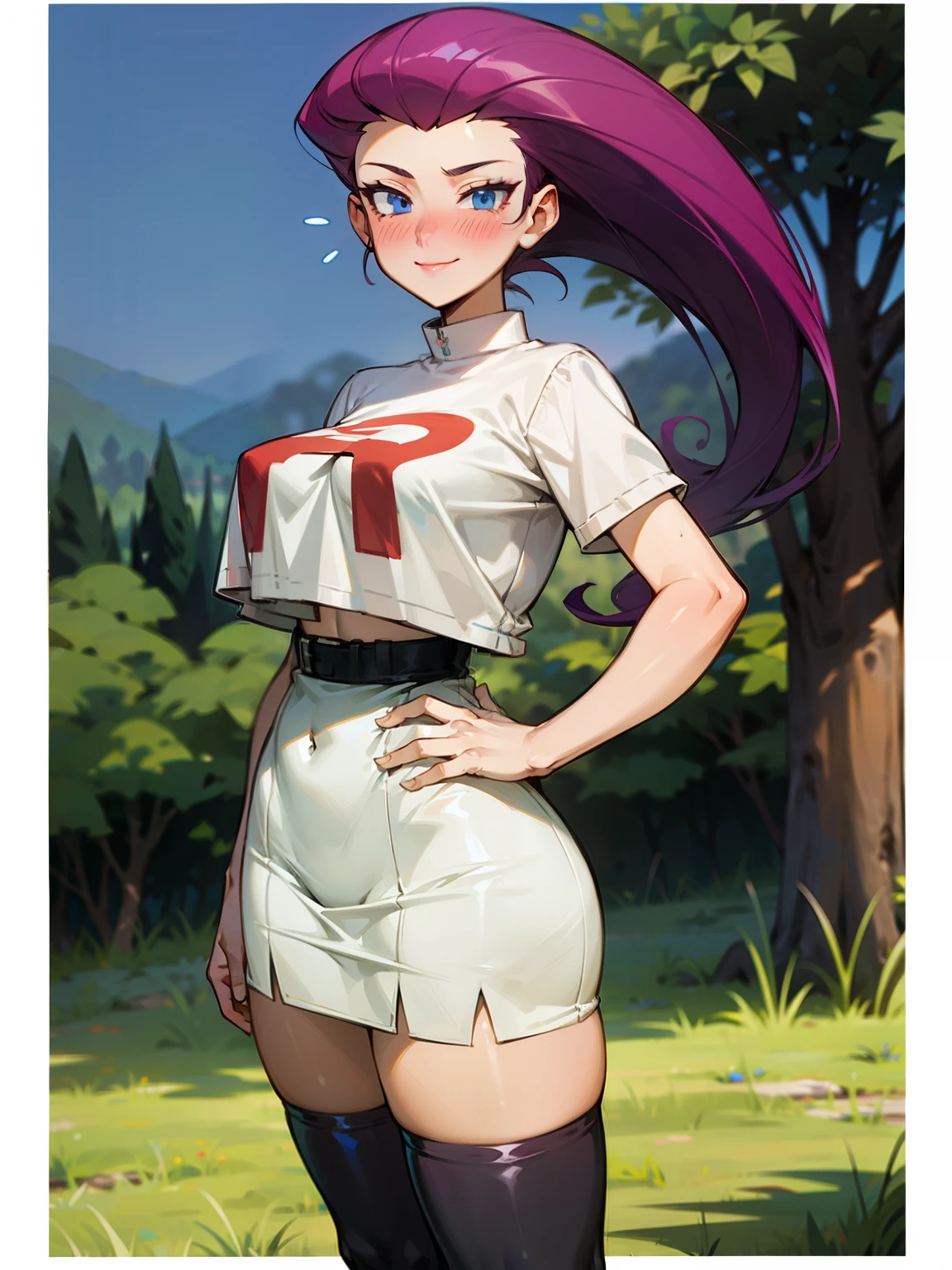 (Masterpiece), Best Quality, ultra-detailed, 1girl (jessie pokemon, Big and pretty breasts, naked body, purple hair, hair slicked back, long hair,blue eyes), a lovely face ,facing viewer, looking at viewer,lovely smile, nose blush, blush, solo, thin T-shirt, navel, pleats skirt, ultra mini skirt, white lace thighhighs, in the forest, night time, standing, Sexy waist teasing