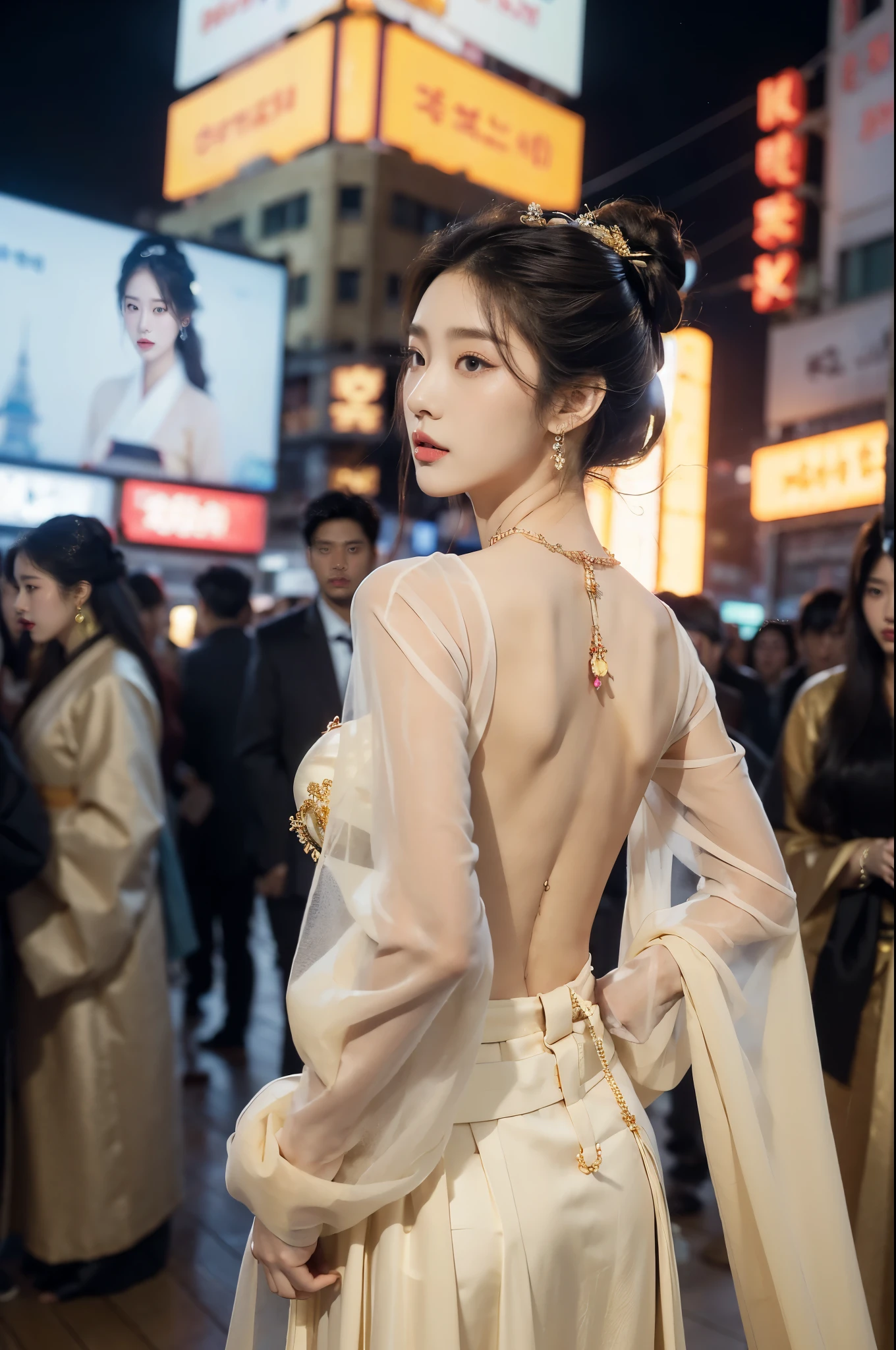(((best quality))),(((ultra detailed))),(((masterpiece))),illustration,((1 beautiful girl,solo,korean princess)),((see through gorgeous beige sheer hanbok)),((slim,thin)),((bare back,towering hips,butt crack)),bun hair,((city streets,night scene)),delicate features,(traditional jewelry,earrings,necklace),modernity,tranquility,vision of beauty,((standing,upper body,from back)),((The background is a tall building filled with neon billboards)),(surrounded by crowded crowds:1.3)