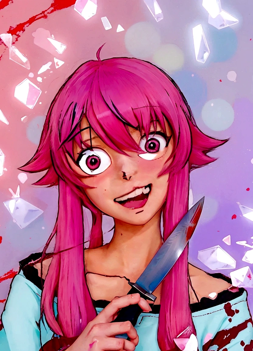 anime girl with pink hair holding a knife in her hand, gapmoe yandere, [[[[grinning evily]]]], in anime style, in an anime style, mirai nikki, anime moe artstyle, with pink hair, trigger anime artstyle, gasai yuno, gasai yuno, by Shingei, anime art style