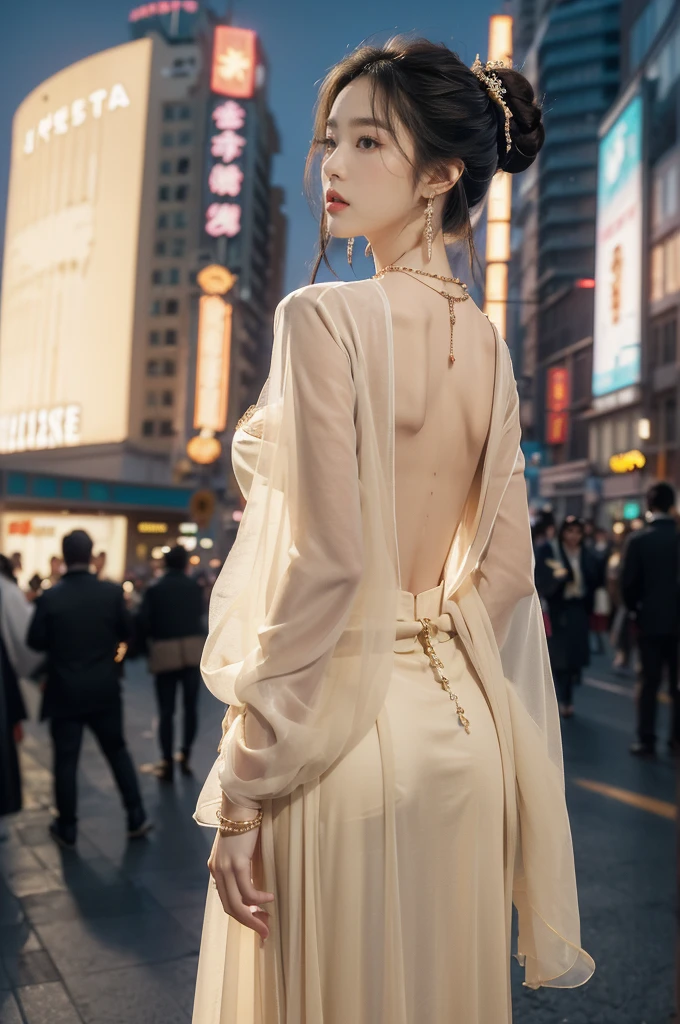 (((best quality))),(((ultra detailed))),(((masterpiece))),illustration,((1 beautiful girl,solo,korean princess)),((see through gorgeous beige sheer hanbok)),((slim,thin)),((bare back,towering hips,butt crack)),bun hair,((city streets,night scene)),delicate features,(traditional jewelry,earrings,necklace),modernity,tranquility,vision of beauty,((standing,upper body,from back)),((The background is a tall building filled with neon billboards)),(surrounded by crowded crowds:1.3)