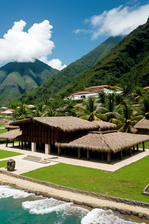 Generate a render of a museum with the most representative Machalilla culture with materials from the area, located on the Ecuadorian coasts with vegetation