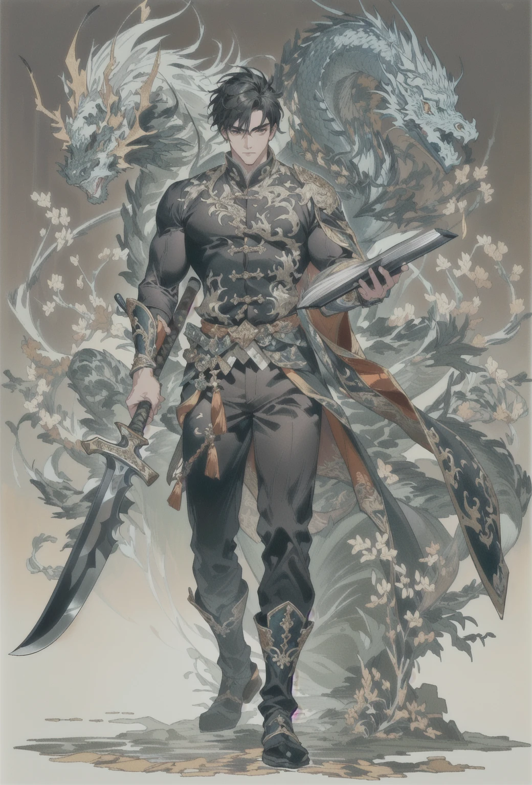 (Extremely complex and exquisite details,masterpiece,Highest quality,Full body picture of a strong, masculine and handsome man with short black hair,Strong handsome masculine style,Holding a stick with a machete in his right hand,Holding book in left hand,Muscle skin tone exposed),correct anatomy,Very strong muscles,Exquisite dragon high contrast background,Broadsword