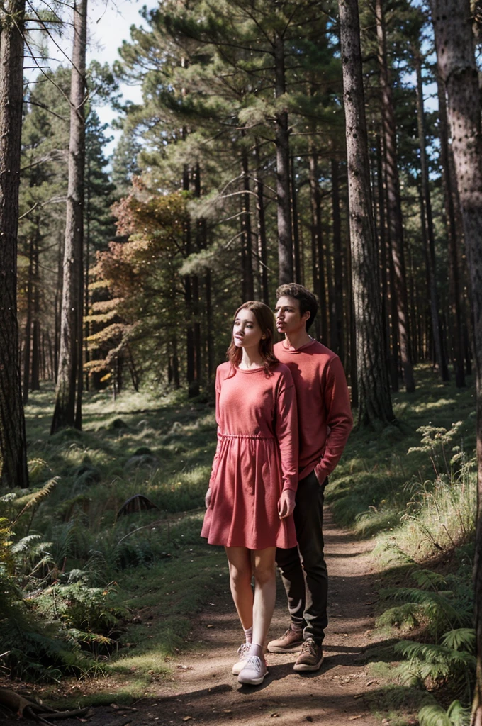 Richard and Lily were standing at the edge of the forest, with the tall trees Richard in his red sweatshirt and Lily in her pink dress