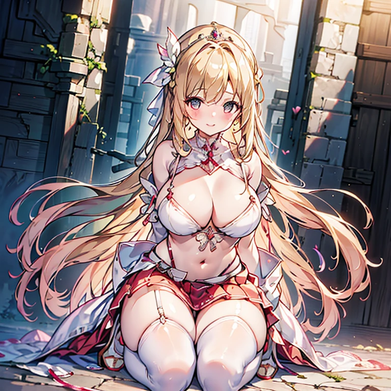 Adult Woman, Long dark blonde wavy hair、her thin pubic hair, White and pink dress, Puffy nipple、(Long flared skirt)、garter stocking、beautiful tiara、Earring、Medium milk, cute smile face、(Pose to lean forward and emphasize the chest)、sexy hips、high-heels、atlibrary、Sit on your knees on the floor、((Close your arms to your chest and look up)),(with sparkling eyes and a contagious smile), looking at viewer,
