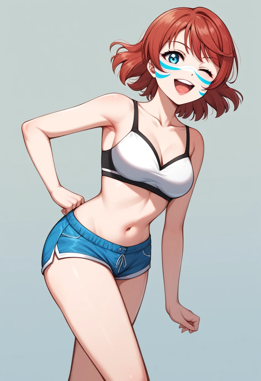 Masterpiece, sksrin, beautiful, simple background, facial details, 8k wallpaper, Emma Verde [Love Live Nijigasaki], white gym bra, micro shorts , wrestling outfit,(lipstick:0.8), (face paint),Fascinated by her beauty ,wink, moist skin,thin waist ,short girl, erection under shorts 