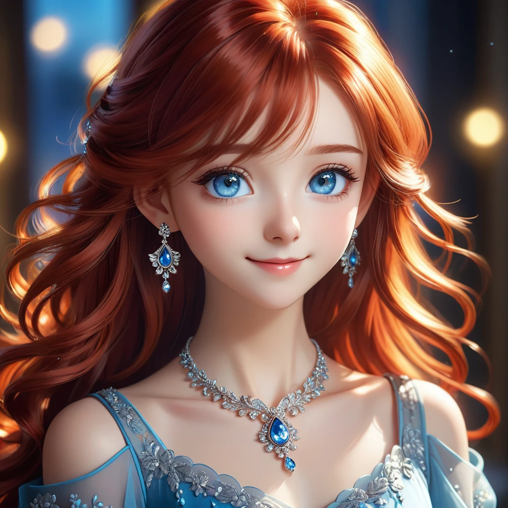 Beautiful and cute girl closeup, Exquisite blue-silver eyes, Long Red Hair,  The body is slim, Small breasts, Beautiful and delicate necklace, Beautiful and delicate earrings,  A shy smile, Beautiful dress,  (masterpiece:1.2), (Highest quality:1.2), up to date, AI-generated, Super detailed, Best Shadow, Detailed Background, High Contrast, (Best lighting, Very delicate and beautiful), ((Cinematic Light)), Hyper Detail, Dramatic Light, Intricate details, 8K, anime, so beautiful, Bright colors,