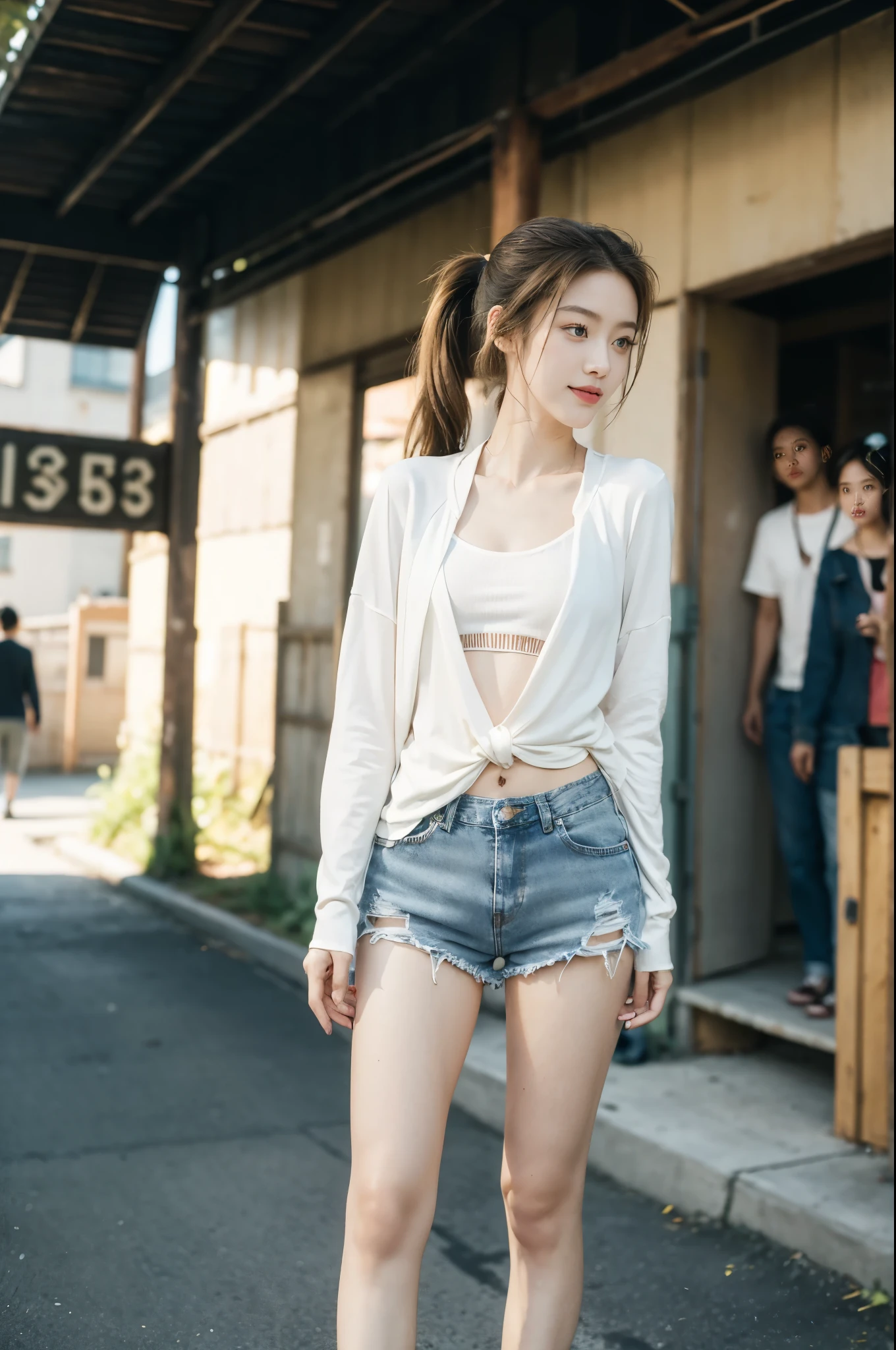 (((best quality))),(((ultra detailed))),(((masterpiece))),illustration,((1 beautiful girl,solo)),((slim,thin)),((small breasts,flat chest)), outside school gate, summer twilight, sunlight,(short ponytail:1.3),(claviclies,cleavage),((white long-sleeved shirt)),((denim shorts,slender legs)),(plain white socks, comfortable flip-flops), animated face, excited eyes, sounds of laughter, chatter, excitement of summer vacation, air filled with energy, school gate golden glow, symbol of end of academic year, schoolyard transformed, reunion, farewells, embracing setting sun, face illuminated, moment captured, fleeting instant, essence of summer, carefree spirit, youthful exuberance, embodiment of season, sun dips, rosy glow, joy of living,promise of adventures,((standing,from front,full body)),(surrounded by crowded crowds:1.3)