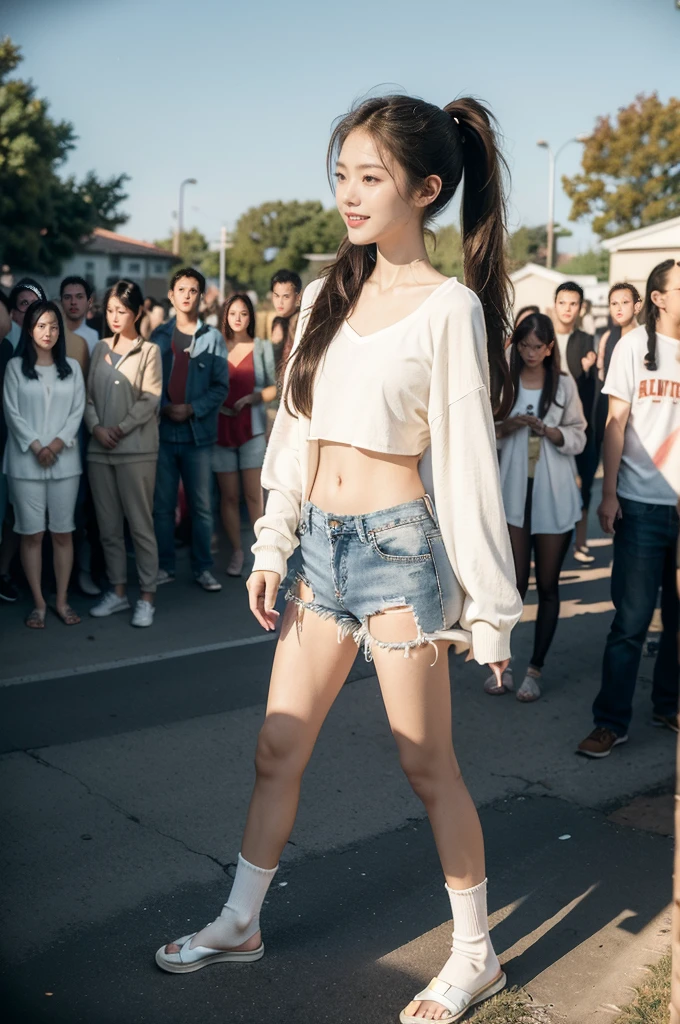 (((best quality))),(((ultra detailed))),(((masterpiece))),illustration,((1 beautiful girl,solo)),((slim,thin)),((small breasts,flat chest)), outside school gate, summer twilight, sunlight,(short ponytail:1.3),(claviclies,cleavage),((white long-sleeved shirt)),((denim shorts,slender legs)),(plain white socks, comfortable flip-flops), animated face, excited eyes, sounds of laughter, chatter, excitement of summer vacation, air filled with energy, school gate golden glow, symbol of end of academic year, schoolyard transformed, reunion, farewells, embracing setting sun, face illuminated, moment captured, fleeting instant, essence of summer, carefree spirit, youthful exuberance, embodiment of season, sun dips, rosy glow, joy of living,promise of adventures,((standing,from front,full body)),(surrounded by crowded crowds:1.3)