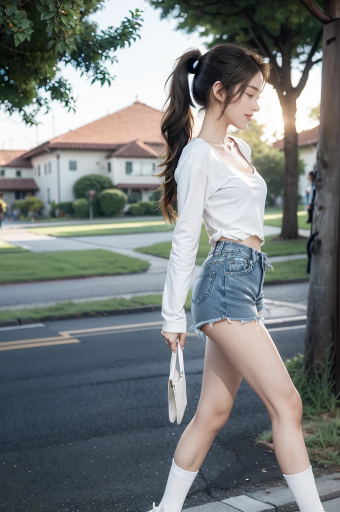 (((best quality))),(((ultra detailed))),(((masterpiece))),illustration,((1 beautiful girl,solo)),((slim,thin)),((small breasts,flat chest)), outside school gate, summer twilight, sunlight,(short ponytail:1.3),(claviclies,cleavage),((white long-sleeved shirt)),((denim shorts,slender legs)),(plain white socks, comfortable flip-flops), animated face, excited eyes, sounds of laughter, chatter, excitement of summer vacation, air filled with energy, school gate golden glow, symbol of end of academic year, schoolyard transformed, reunion, farewells, embracing setting sun, face illuminated, moment captured, fleeting instant, essence of summer, carefree spirit, youthful exuberance, embodiment of season, sun dips, rosy glow, joy of living,promise of adventures,((standing,from front,full body)),(surrounded by crowded crowds:1.3)