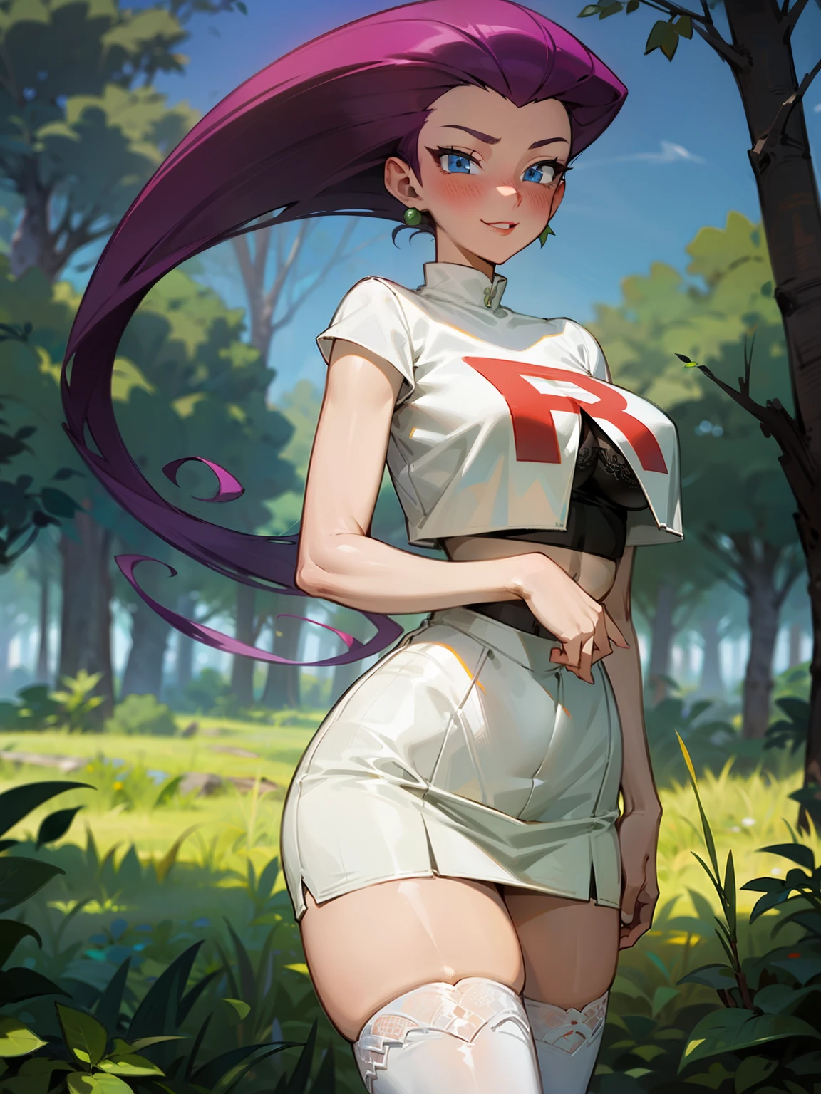 (Masterpiece), Best Quality, ultra-detailed, 1girl (jessie pokemon, Big and pretty breasts, naked body, purple hair, hair slicked back, long hair,blue eyes), a lovely face ,facing viewer, looking at viewer,lovely smile,  nose  blush, blush, solo, thin Tank_top, navel, pleats skirt, ultra mini skirt, white lace thighhighs, in the forest, night time, standing, Sexy waist teasing 