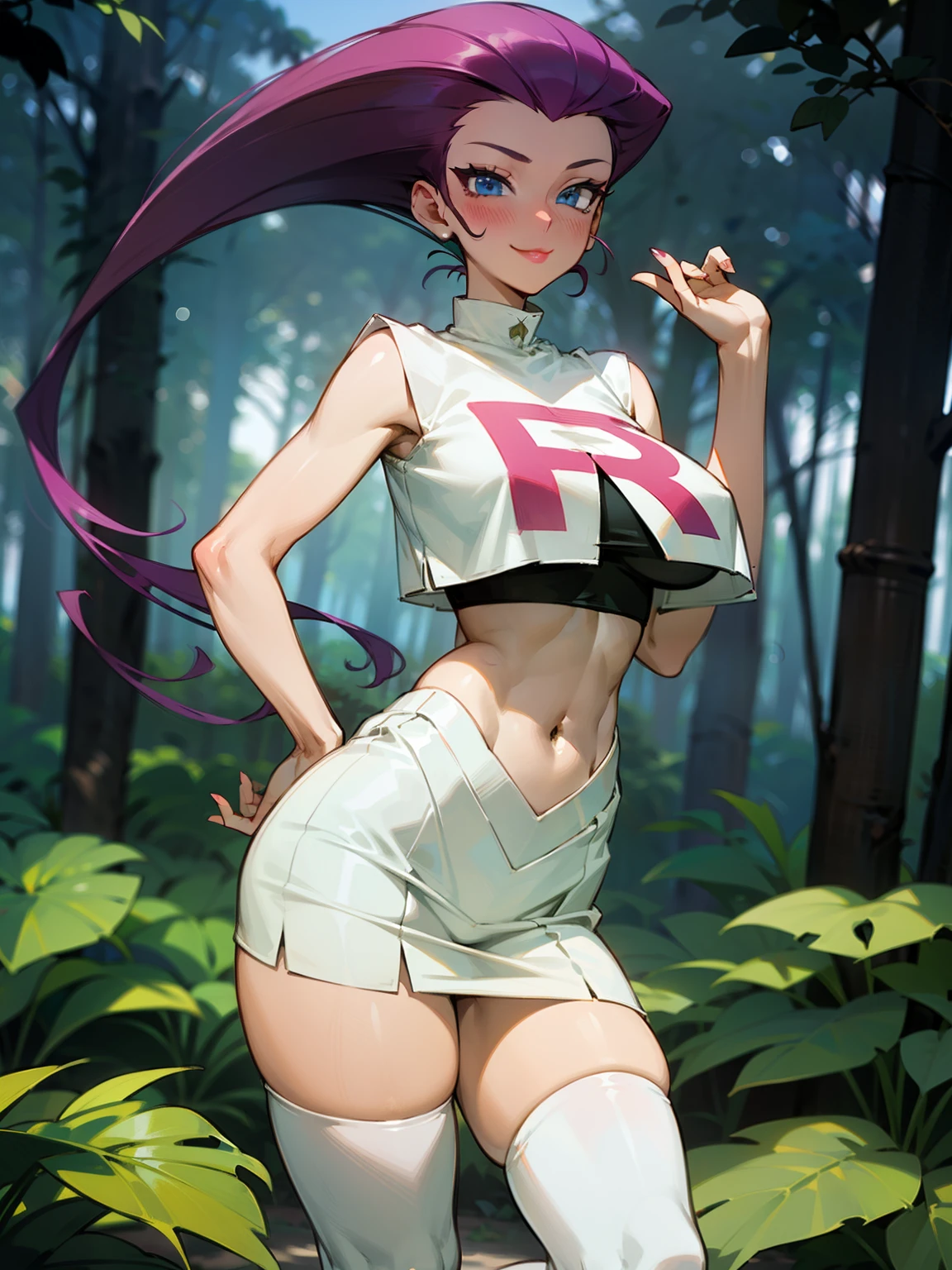 (Masterpiece), Best Quality, ultra-detailed, 1girl (jessie pokemon, Big and pretty breasts, naked body, purple hair, hair slicked back, long hair,blue eyes), a lovely face ,facing viewer, looking at viewer,lovely smile,  nose  blush, blush, solo, thin Tank_top, navel, pleats skirt, ultra mini skirt, white lace thighhighs, in the forest, night time, standing, Sexy waist teasing 