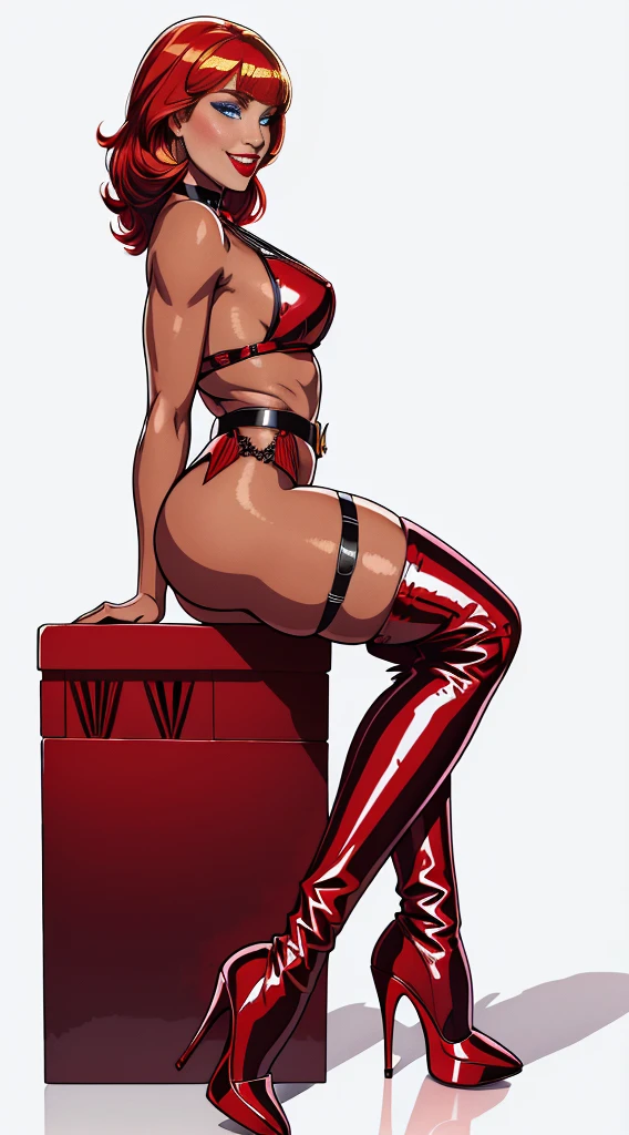 Sexy Hermaphrodite, Plump, pursed lips, Smooth Skin, Blonde with bangs..Crystal blue eyes with smoky eyeshadow and black eyeliner, Black semi-matt lipstick, Dark Skin, A frivolous, proud smile, Red hair.Full body image、Plain white background、Red thigh-high boots with red stiletto heels.Red harness.Full body angle from the side、Sitting on the floor pose、BDSM、Pin-up girl style