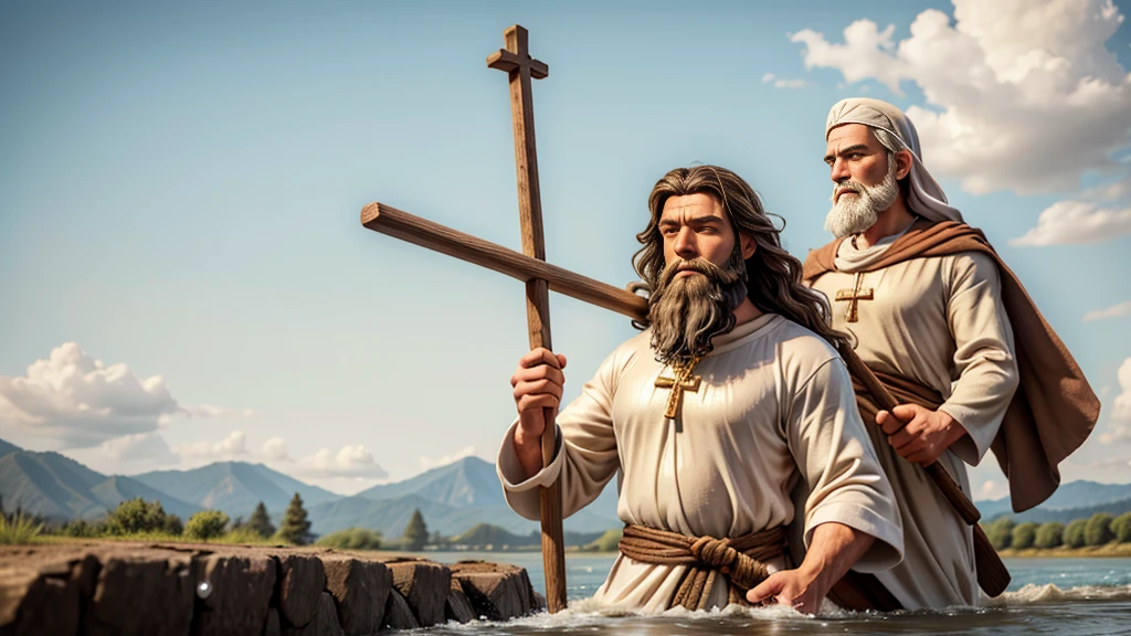 Create an ultra-realistic image of Saint Christopher, represented as a tall, strong man with a dark beard and long hair. He must be crossing a shallow river, holding a large wooden staff in one hand and carrying the baby Jesus on his shoulders. Saint Christopher must be dressed in a simple tunic, brown or beige, which appears heavy and wet from the river. The baby Jesus must be represented as a small, serene , with light hair and a calm expression, wearing a white robe. The scene should be at dawn or dusk, with soft, natural light, and the background should include a natural setting with trees and a slightly cloudy sky. The image should capture the effort of Saint Christopher when crossing the river and the tranquility of the baby Jesus. The composition should convey a feeling of devotion, strength and protection.