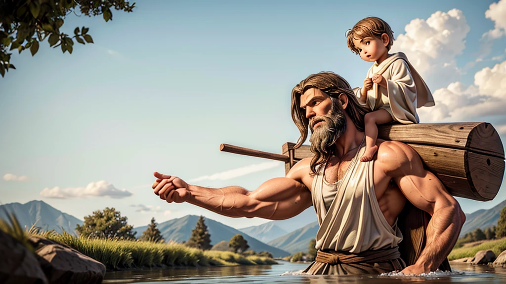 Create an ultra-realistic image of Saint Christopher, represented as a tall, strong man with a dark beard and long hair. He must be crossing a shallow river, holding a large wooden staff in one hand and carrying the baby Jesus on his shoulders. Saint Christopher must be dressed in a simple tunic, brown or beige, which appears heavy and wet from the river. The baby Jesus must be represented as a small, serene , with light hair and a calm expression, wearing a white robe. The scene should be at dawn or dusk, with soft, natural light, and the background should include a natural setting with trees and a slightly cloudy sky. The image should capture the effort of Saint Christopher when crossing the river and the tranquility of the baby Jesus. The composition should convey a feeling of devotion, strength and protection.
