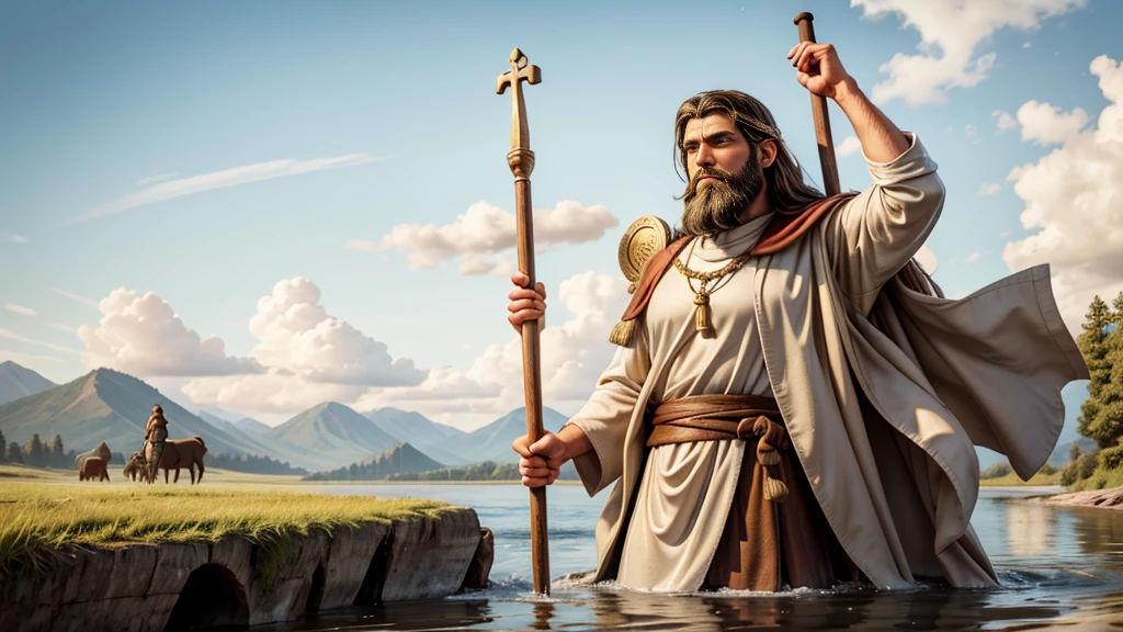 Create an ultra-realistic image of Saint Christopher, represented as a tall, strong man with a dark beard and long hair. He must be crossing a shallow river, holding a large wooden staff in one hand and carrying the baby Jesus on his shoulders. Saint Christopher must be dressed in a simple tunic, brown or beige, which appears heavy and wet from the river. The baby Jesus must be represented as a small, serene , with light hair and a calm expression, wearing a white robe. The scene should be at dawn or dusk, with soft, natural light, and the background should include a natural setting with trees and a slightly cloudy sky. The image should capture the effort of Saint Christopher when crossing the river and the tranquility of the baby Jesus. The composition should convey a feeling of devotion, strength and protection.