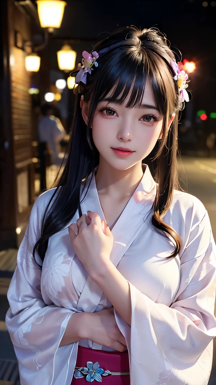 (logo、masterpiece、8K、Tabletop、RAW Photos、wonderful、最high quality、フォトリアリスティックでVery detailedな CG 複合 8K 壁紙、high quality、Very detailed、Narrative poem、Particle Effects、Dynamic Effects、Depth of the Boundary、Cinematic Light、Lens flare、Ray Tracing)、 (One beautiful woman wearing a yukata、White yukata、Light purple pattern)、Black-haired、High definition skin、Very fine、Fine skin texture、Beautiful Face、True Face、Beautiful details in the eyes、Realistic eyes、Beautifully detailed eyes、Realistic Skin、Beautiful Skin、Surreal、Smiling Eyes、Hair and light eyes、vivid、Colorful lights and bokeh、plump lower lip、Pink Lips、Hair flutters in Wind、Hair bounces、wonderful景色、night、evening、Wind、moonlight、moonlight、light