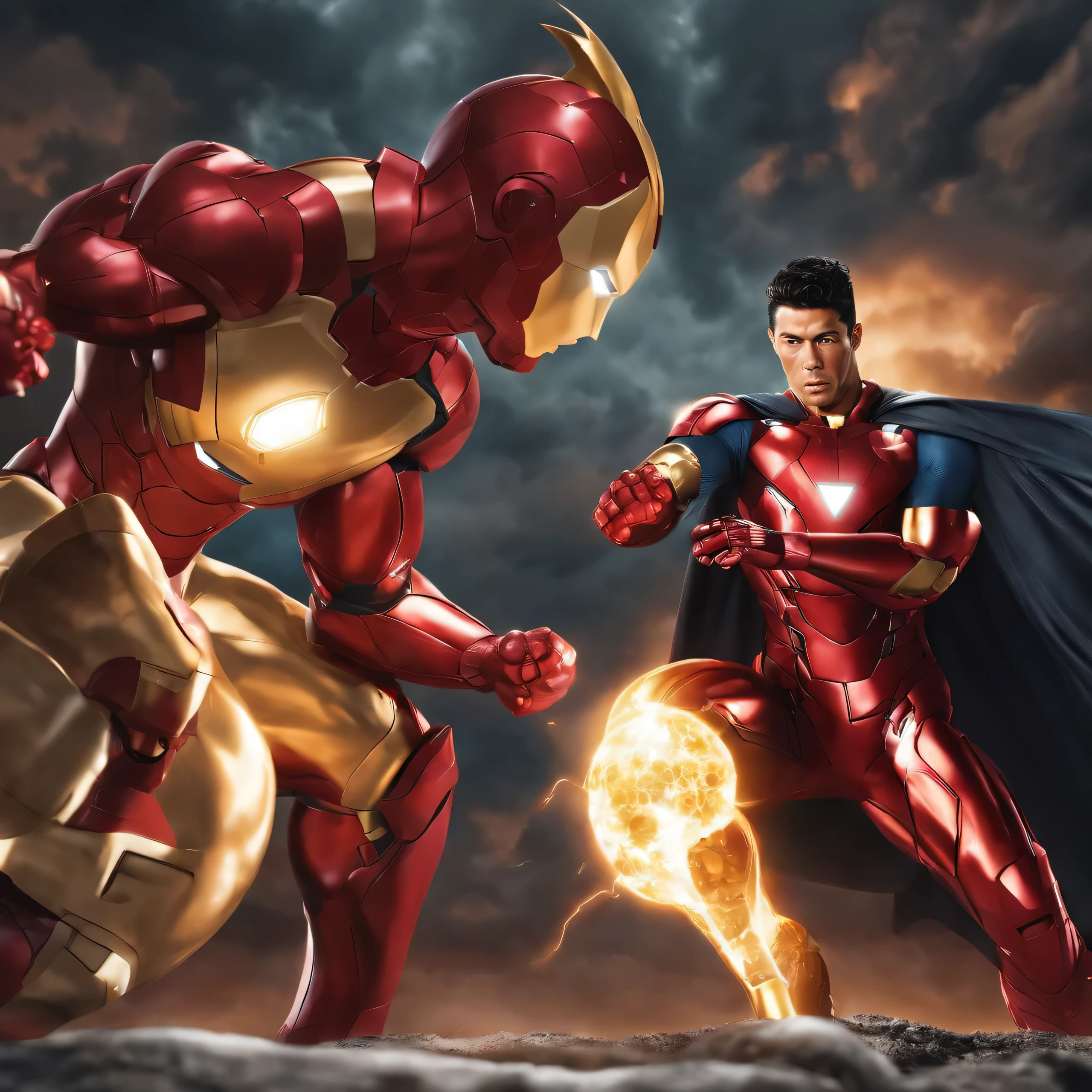 Cristiano Ronaldo fighting Son Goku in Midlearth with ironman sitting with black Widow