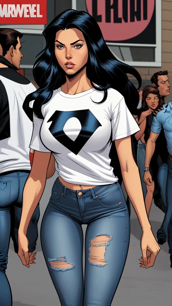 woman, getting punched, scared, scream, black hair, yellow shirt, denim pants, american flags, city, daytime, comic book style, flat shaded, prominent comic book outline linework