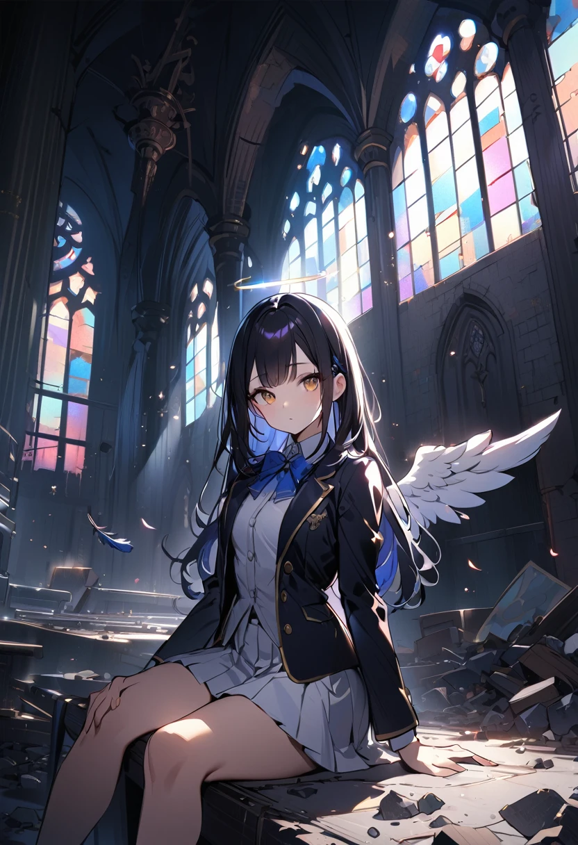1 girl, long hair, black hair, straight hair, short bangs above brows,
BREAK (masterpiece), (high resolution 8K), cinematic lighting, professional lighting, detailed eyes and face, detailed body, 
BREAK , blazer, white shirt, blue bowtie, pleated skirt, 
sitting, in (an abandoned church:1.2),(debris:1.2),(stained glass),(Angel Wings:1.3),pillar,canopy,(light particles), (feathers:1.3),(faint sunlight coming through the windows),dark atmosphere,(looking at viewer:1.3),cowboy shot