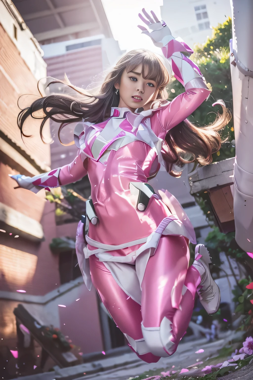 (best image quality:1.2), (super high resolution:1.2), (fidelity:1.4), 1 woman, 18 year-old, despair, f/2.8, 135mm, Nikon, masterpiece, anatomically correct, high details, best quality, HD, 4K, 8k, (pink ranger suit)