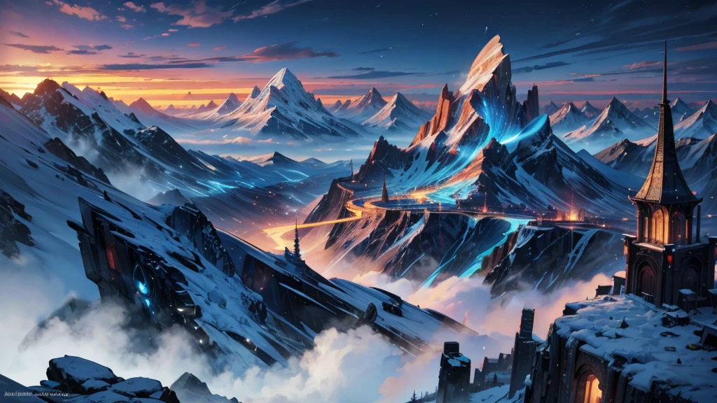 make a futuristic city on top of a mountain. as if it were in DENALI in Alaska. the city must be very advanced and beautiful. make a wallpaper of it in 8k. beautiful, full of life and technology. millennia in the future