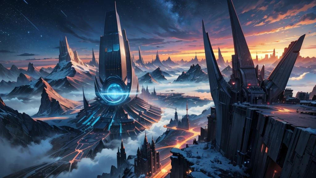 make a futuristic city on top of a mountain. as if it were in DENALI in Alaska. the city must be very advanced and beautiful. make a wallpaper of it in 8k. beautiful, full of life and technology. millennia in the future