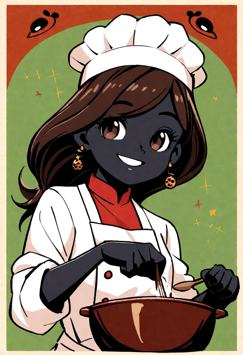 Create a Disney Pixar Poster. A woman chef. This woman has dark brown hair, shoulder length hair, is smiling happily, eyes browns, small eyes. She wears small earrings. She has black skin. She's stirring a pot.