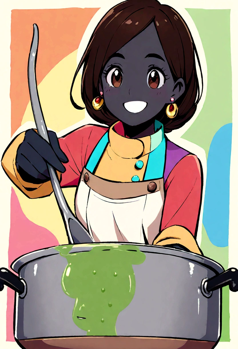 Create a Disney Pixar Poster. A woman chef. This woman has dark brown hair, shoulder length hair, is smiling happily, eyes browns, small eyes. She wears small earrings. She has black skin. She's stirring a pot.